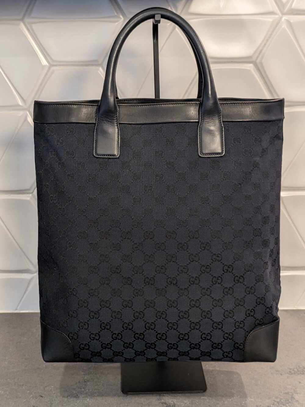 Vintage Gucci GG Pattern Canvas Black Tote Bag Leather